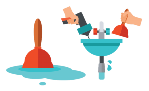 Cartoon leaking sink with drill and plunger