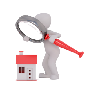 Cartoon man inspecting toy house with magnifying glass