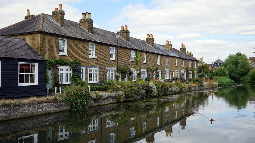Row of houses by river