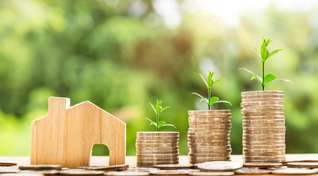 Small wooden house with stacks of coins growing flowers