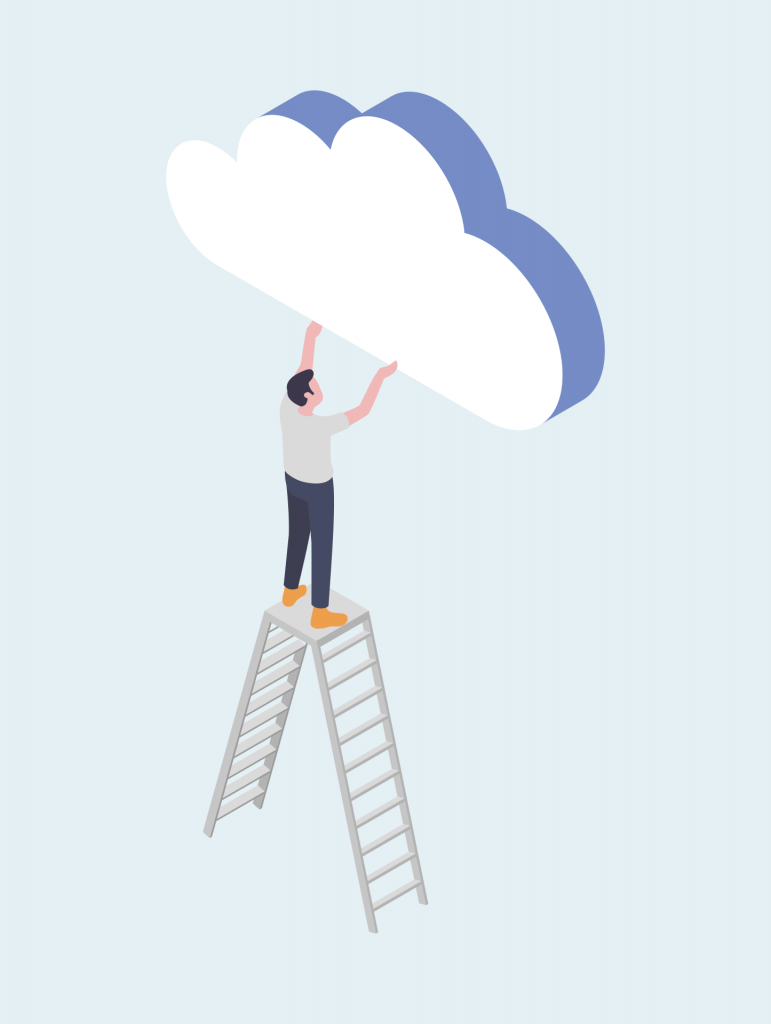 Cartoon man holding up cloud on ladder