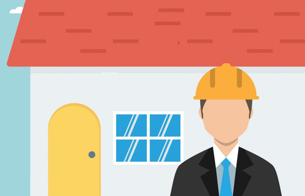 Cartoon man in hard hat by house