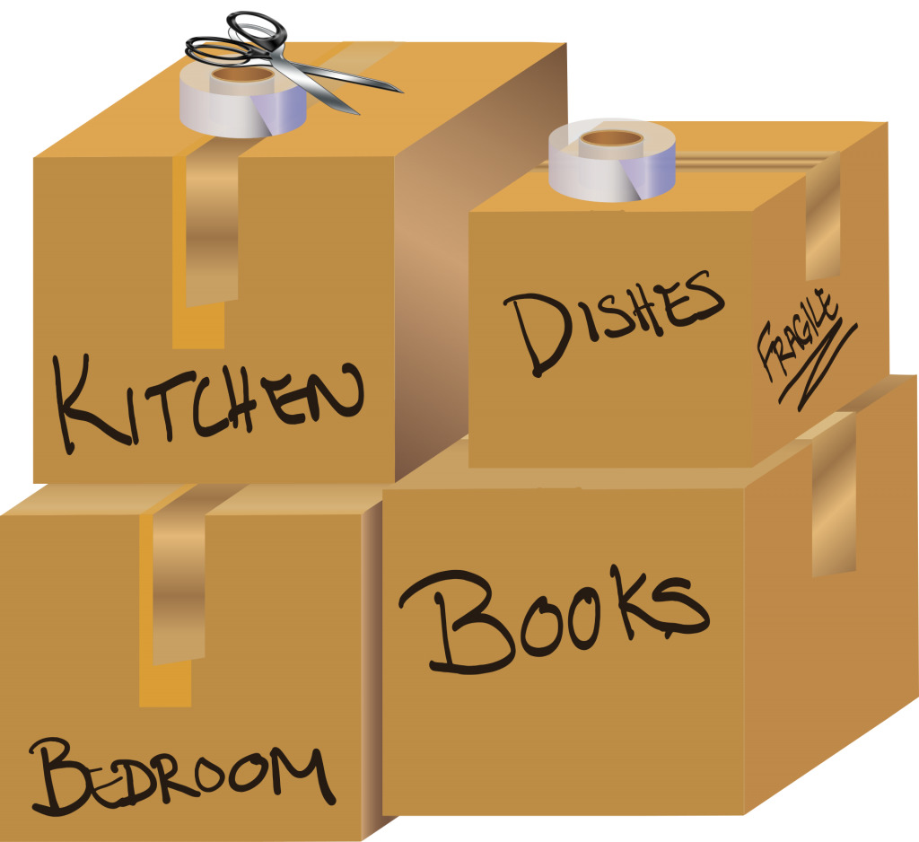 Cartoon moving boxes labelled for different rooms