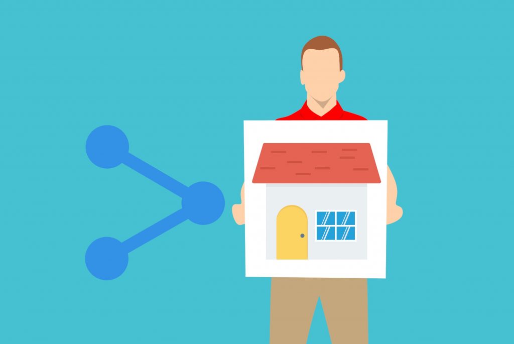 Cartoon man holding image of house and sharing symbol