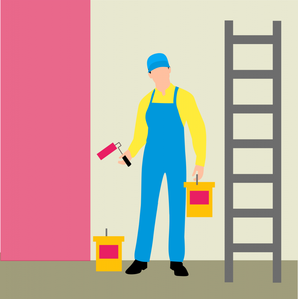 Cartoon painter with paint and ladder