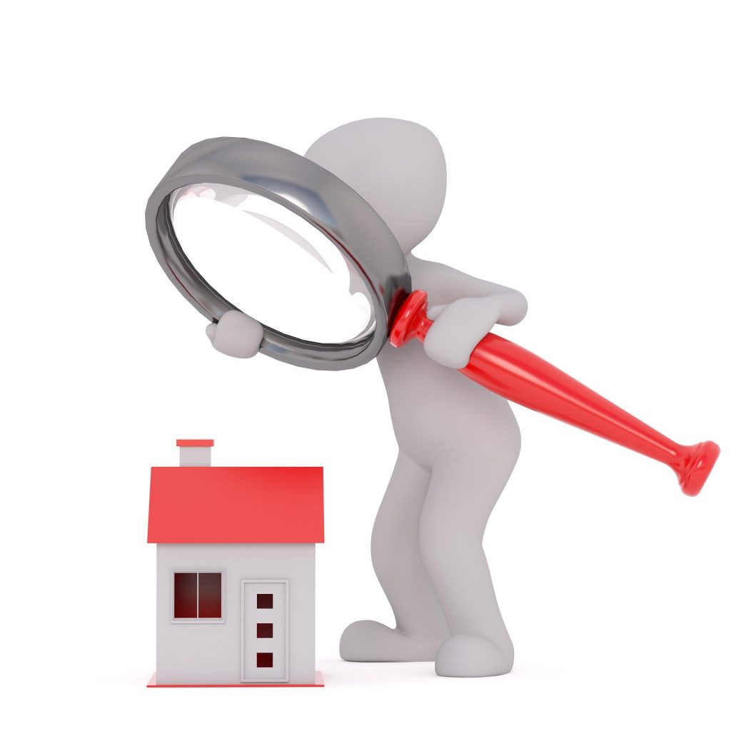 Cartoon man inspecting house with magnifying glass