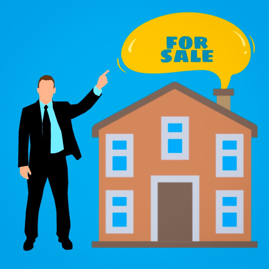 Cartoon man pointing at 'For Sale' bubble above house
