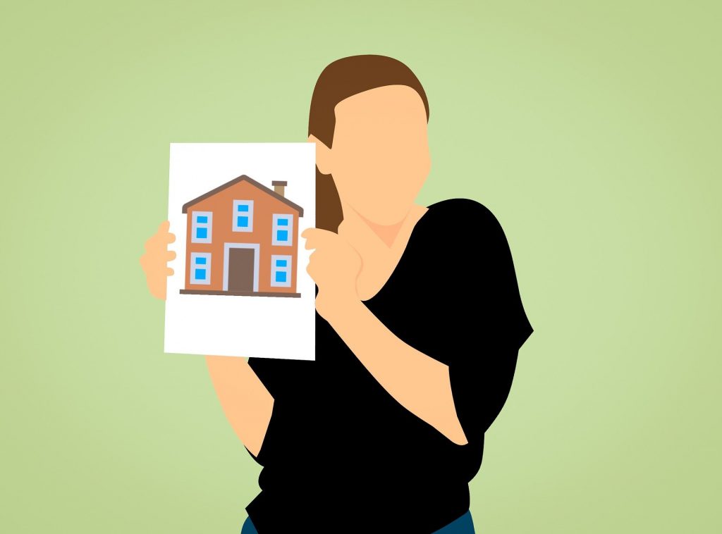Cartoon woman holding image of house