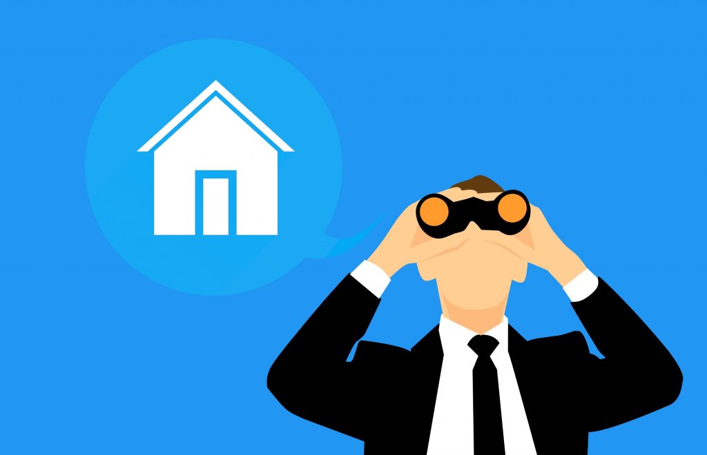 Cartoon man looking at house through binoculars