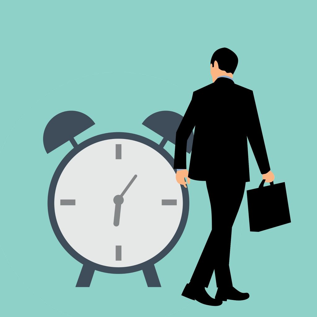 Cartoon man walking away with briefcase past alarm clock