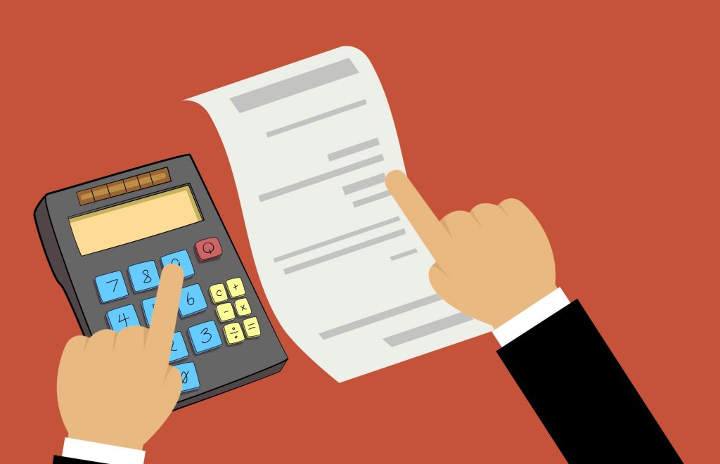 Cartoon hands pressing calculator and checking list