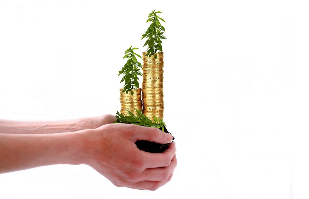 Hands holding pile of coins growing plants