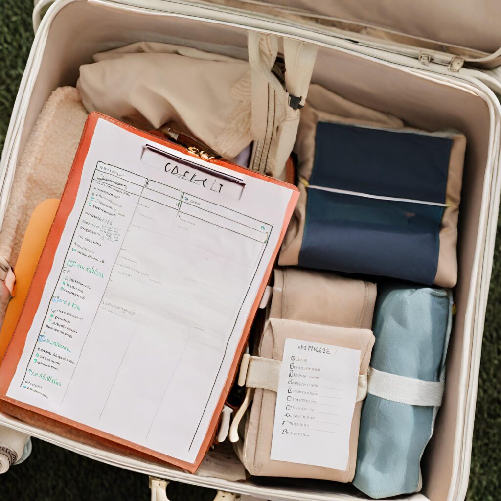 A checklist in the top of a suitcase