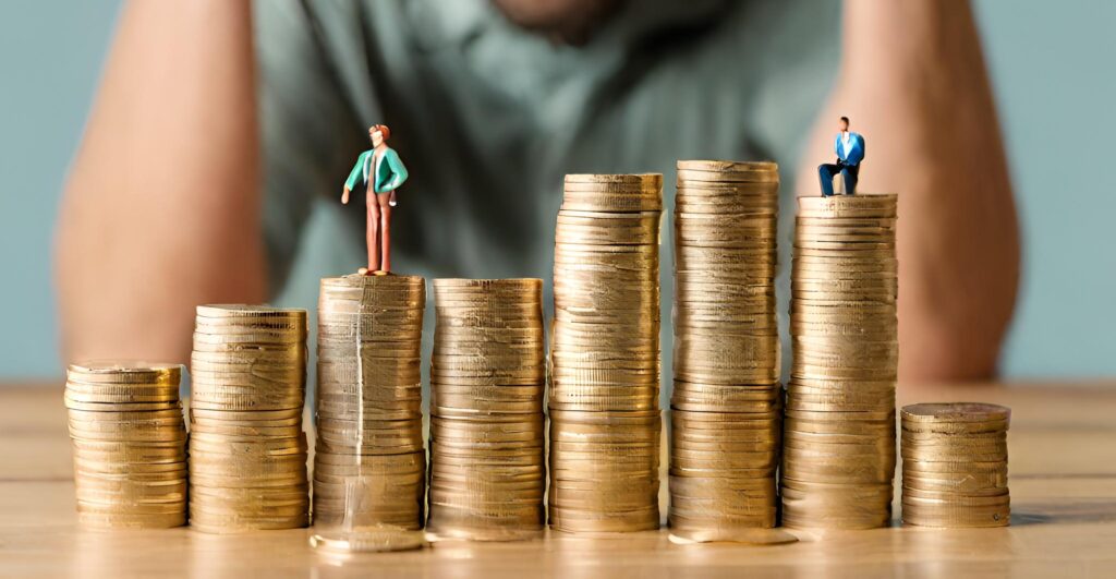 Angry man in front of a pile of coins