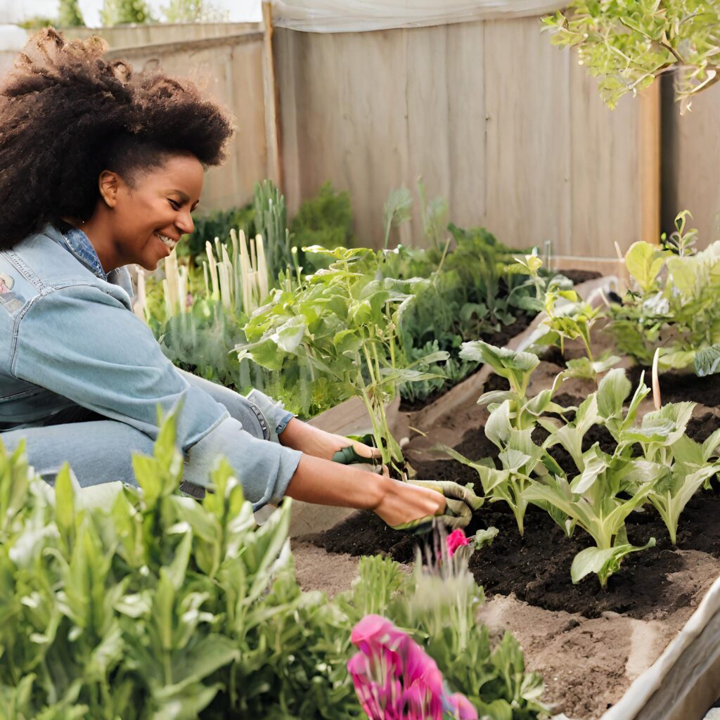 A black woman knelt down gardening