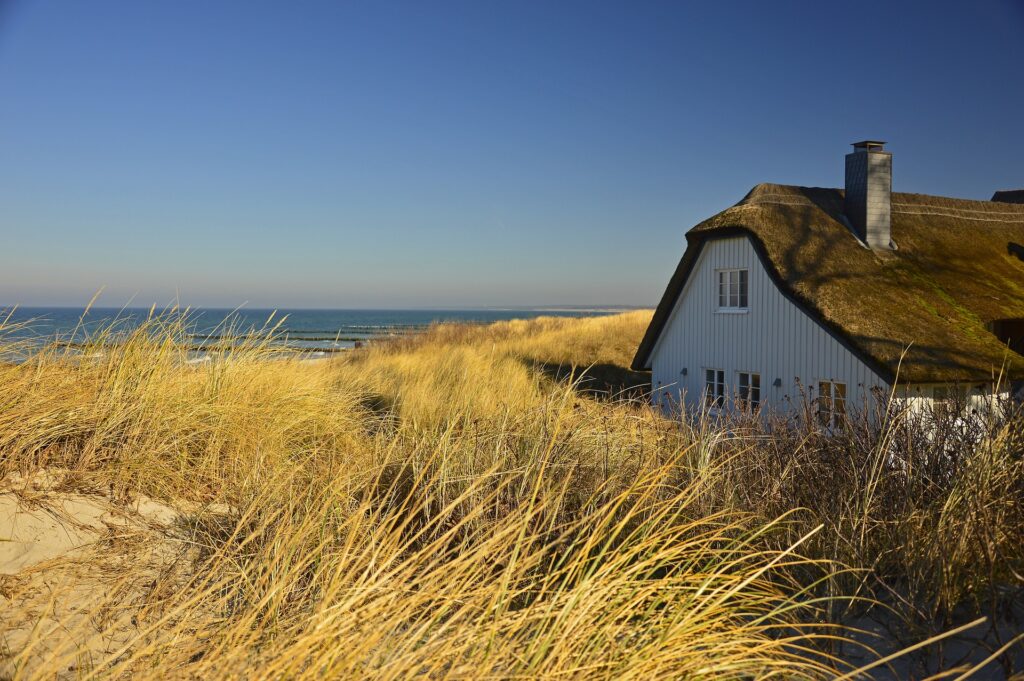 A cottage with a thatched roof by the sea